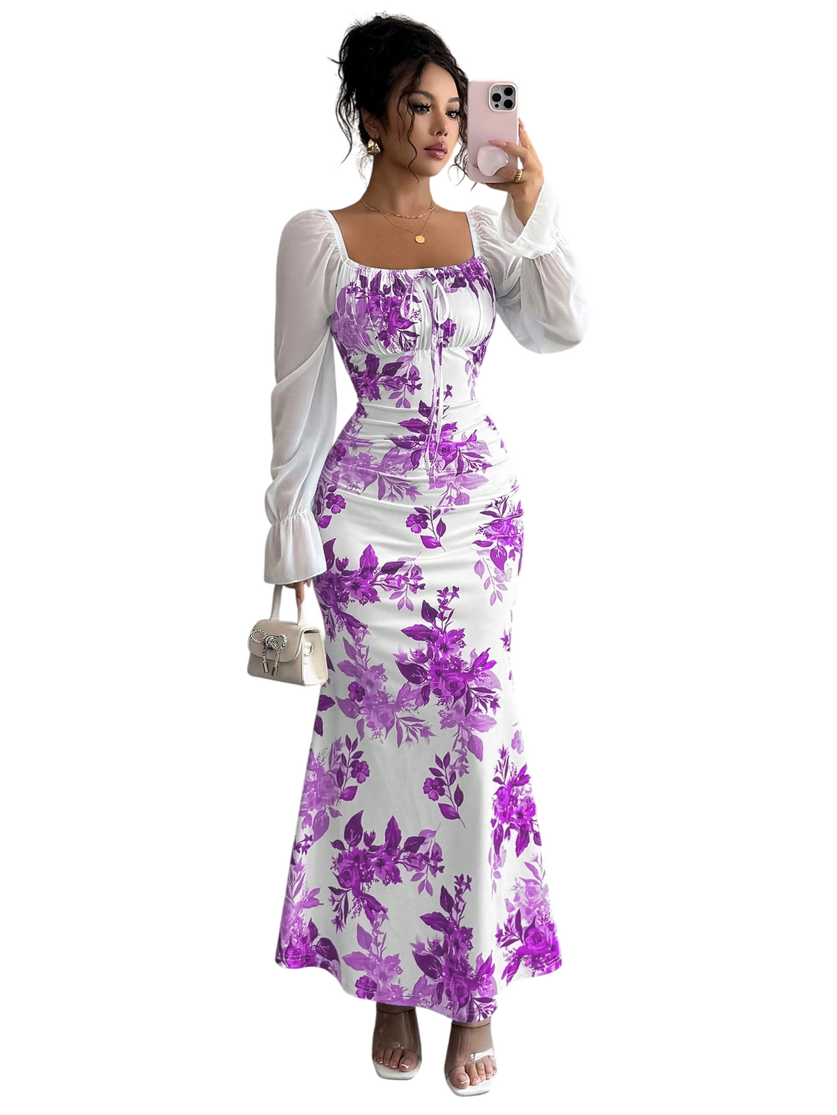 Women’s Floral Ruched Square Neck Maxi Dress