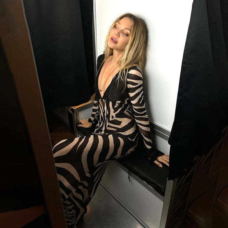 Women’s Zebra Print Sheer Sleeve Maxi Dress
