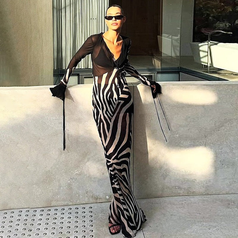 Women’s Zebra Print Sheer Sleeve Maxi Dress