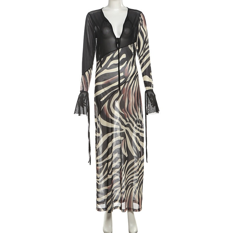Women’s Zebra Print Sheer Sleeve Maxi Dress