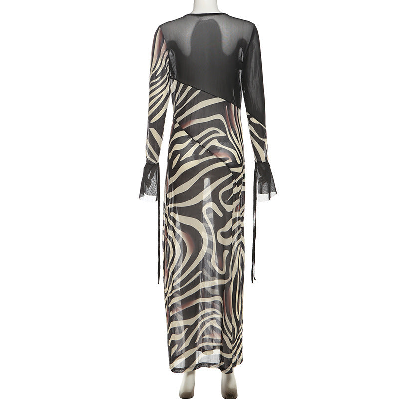 Women’s Zebra Print Sheer Sleeve Maxi Dress