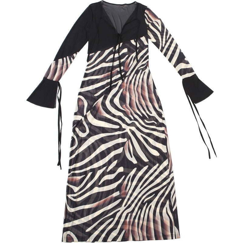 Women’s Zebra Print Sheer Sleeve Maxi Dress