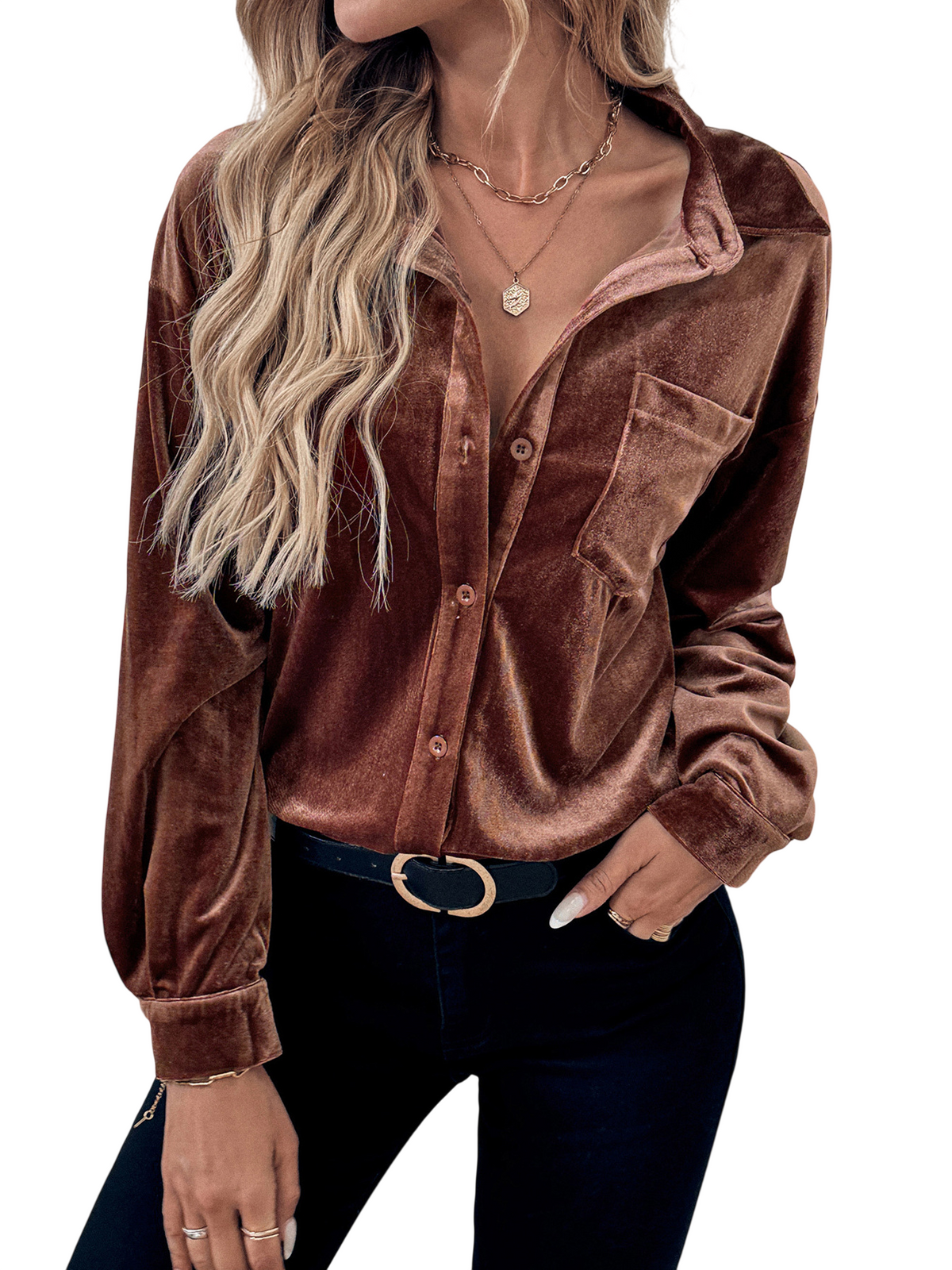Women’s Velvet Button Front Shirt with Pocket