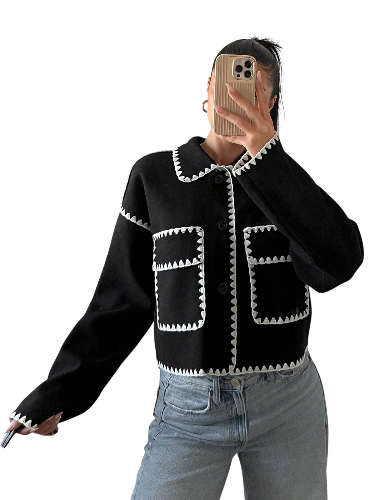 Women’s Cropped Scalloped Trim Button Jacket