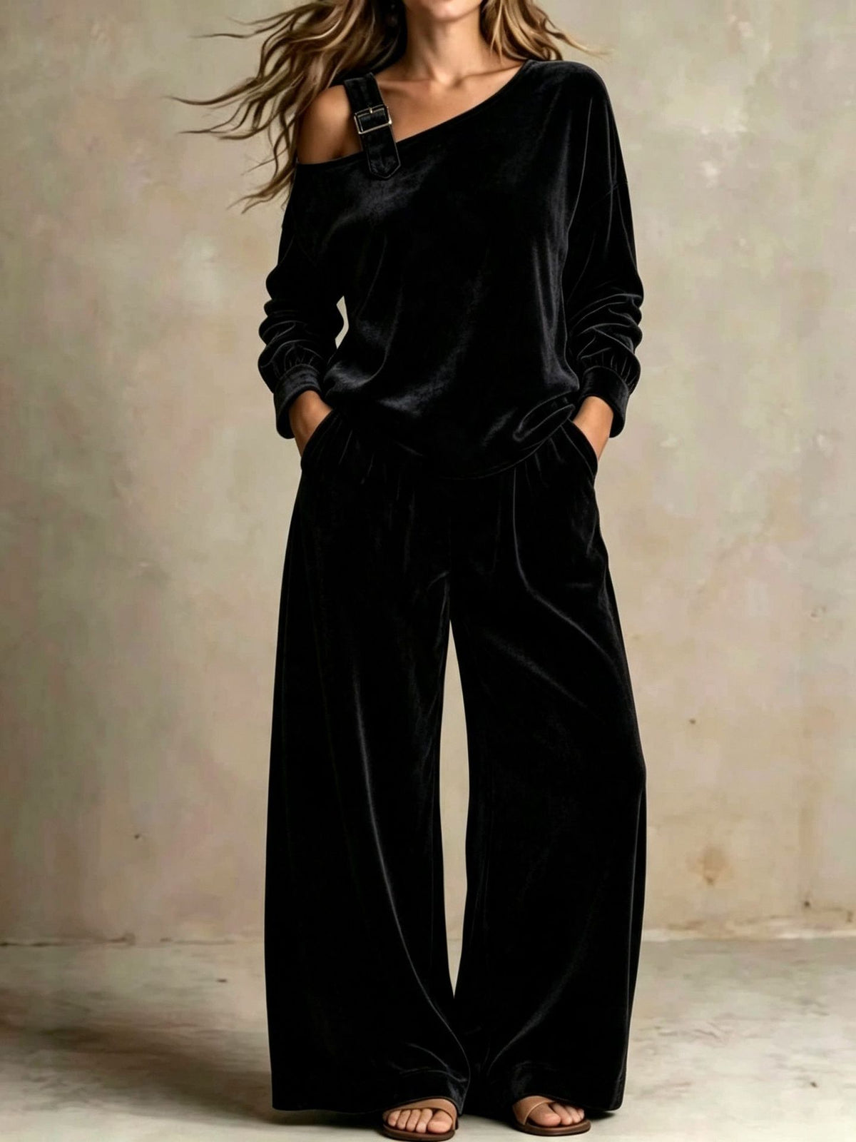 Women’s Velvet Off Shoulder Wide Leg Set
