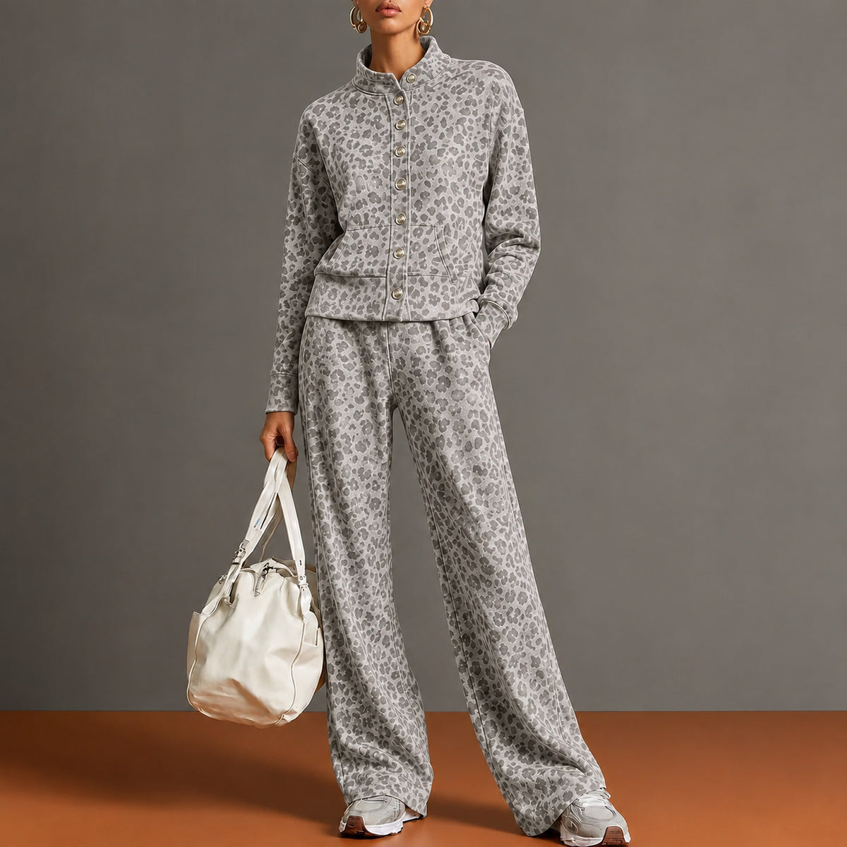 Women’s Leopard Print Zip Jacket Pants Set