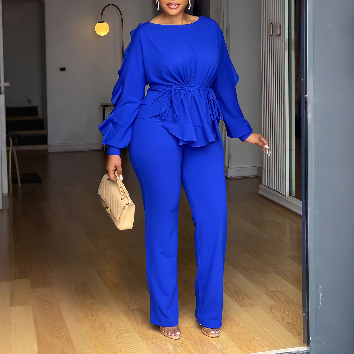 Women’s Ruffle Peplum Top & Wide Leg Pants Set