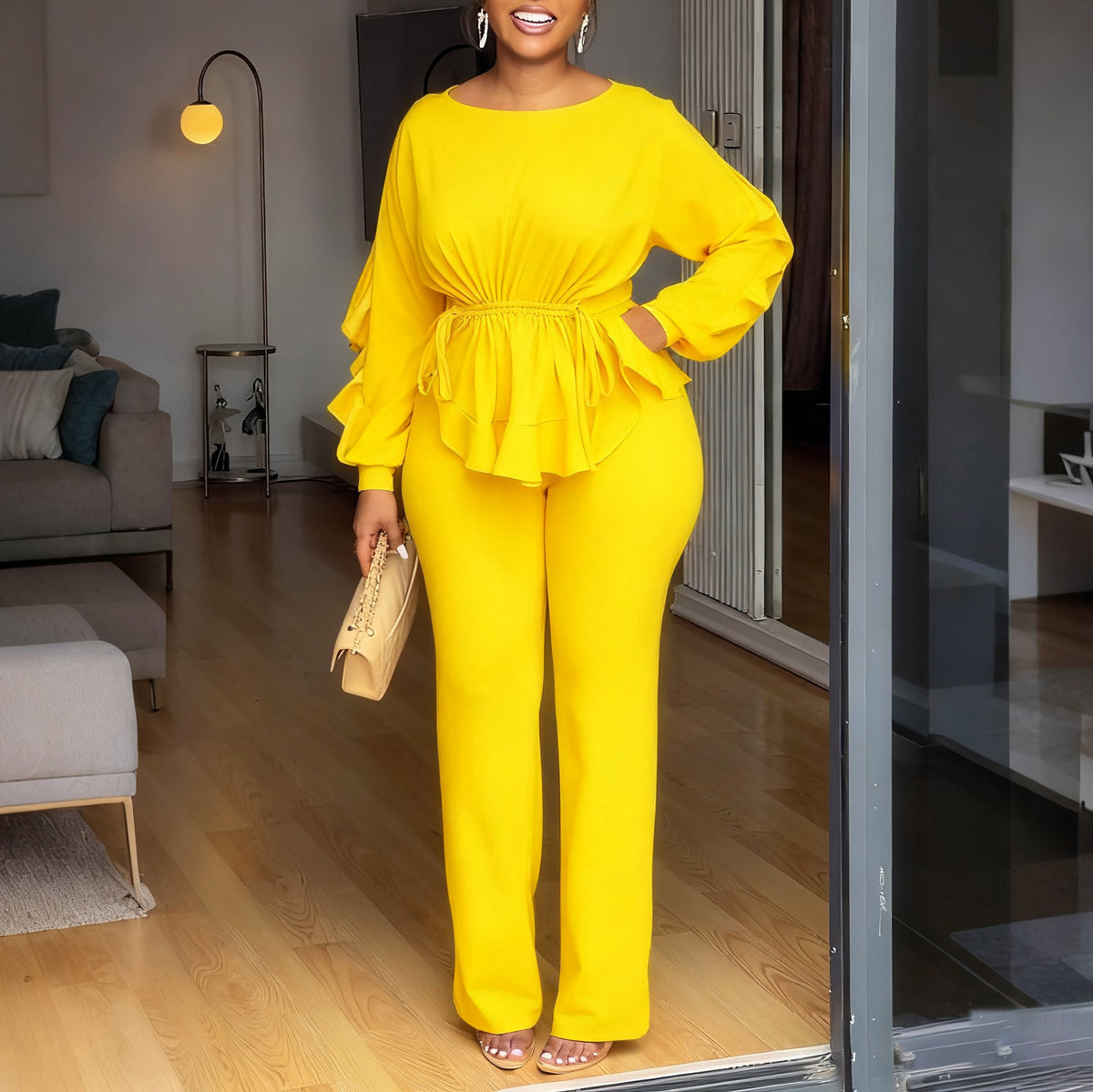 Women’s Ruffle Peplum Top & Wide Leg Pants Set