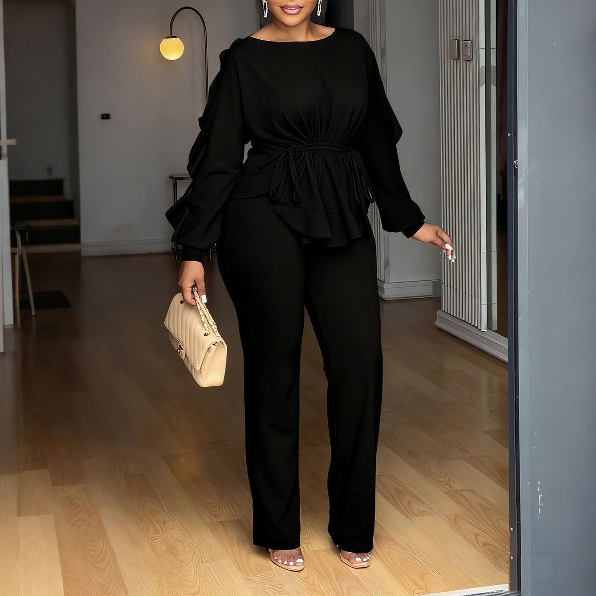 Women’s Ruffle Peplum Top & Wide Leg Pants Set