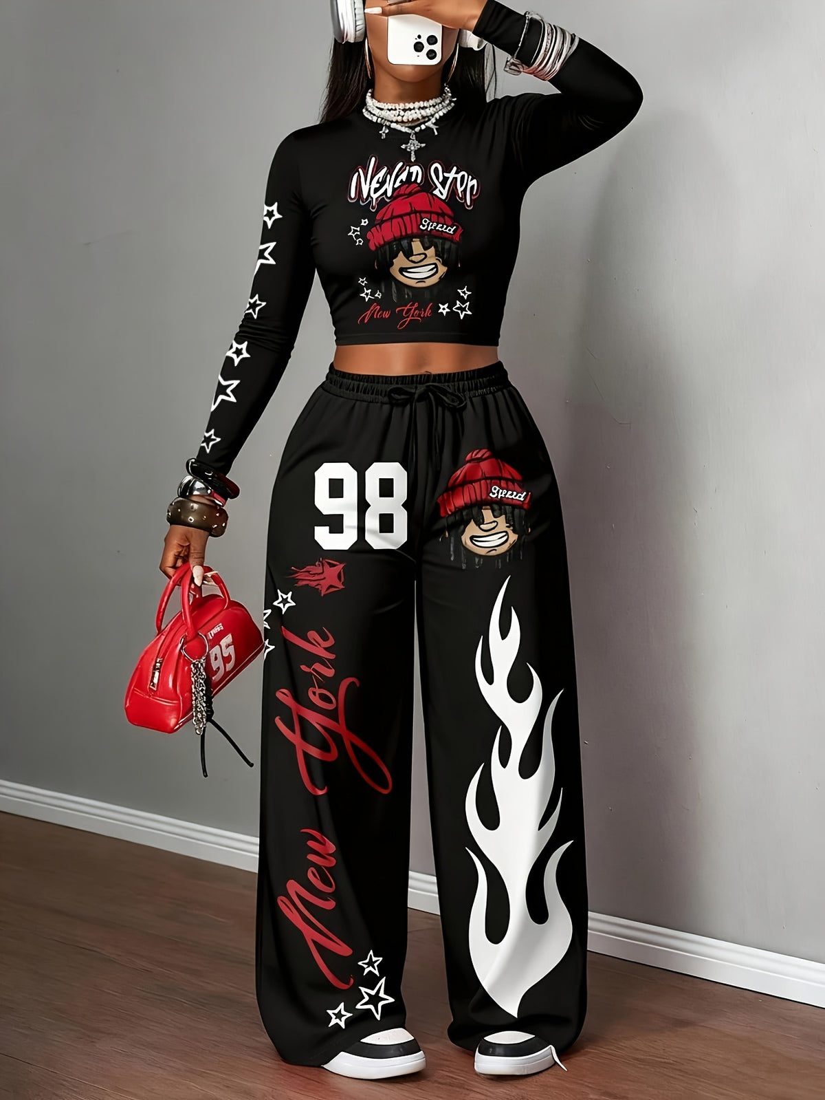 Women’s Graphic Crop Top & Wide Leg Pants Set