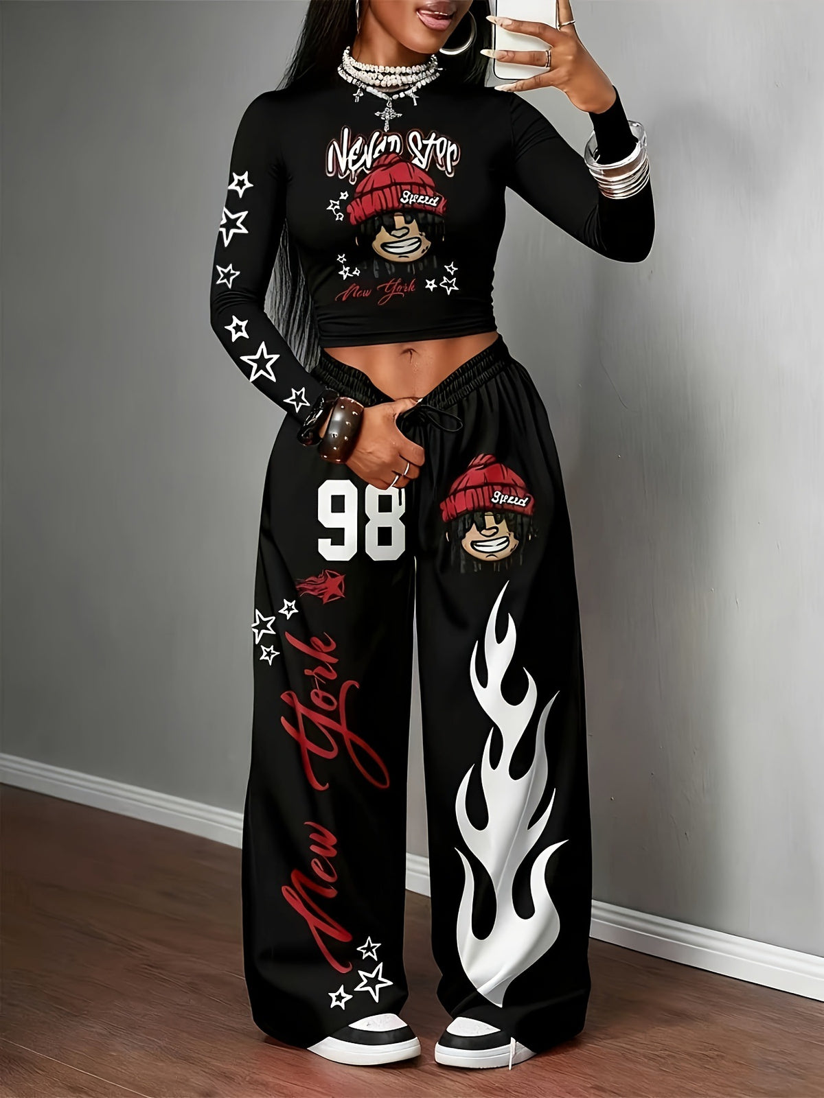 Women’s Graphic Crop Top & Wide Leg Pants Set