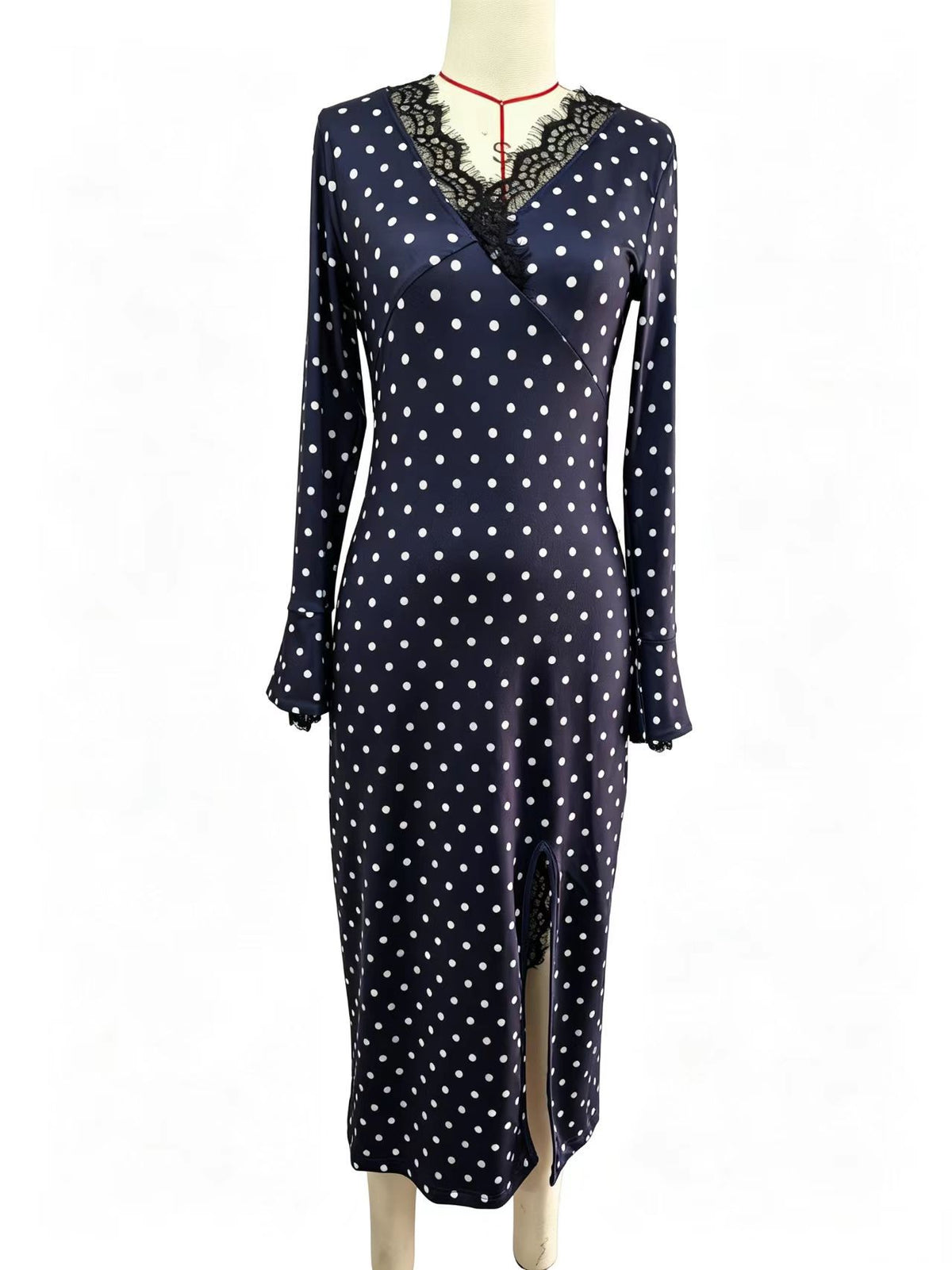 Women’s Polka Dot Lace Trim Wrap Midi Dress