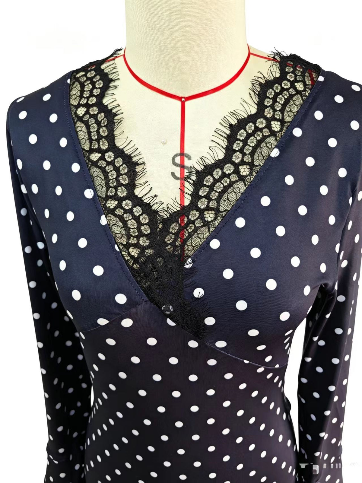 Women’s Polka Dot Lace Trim Wrap Midi Dress