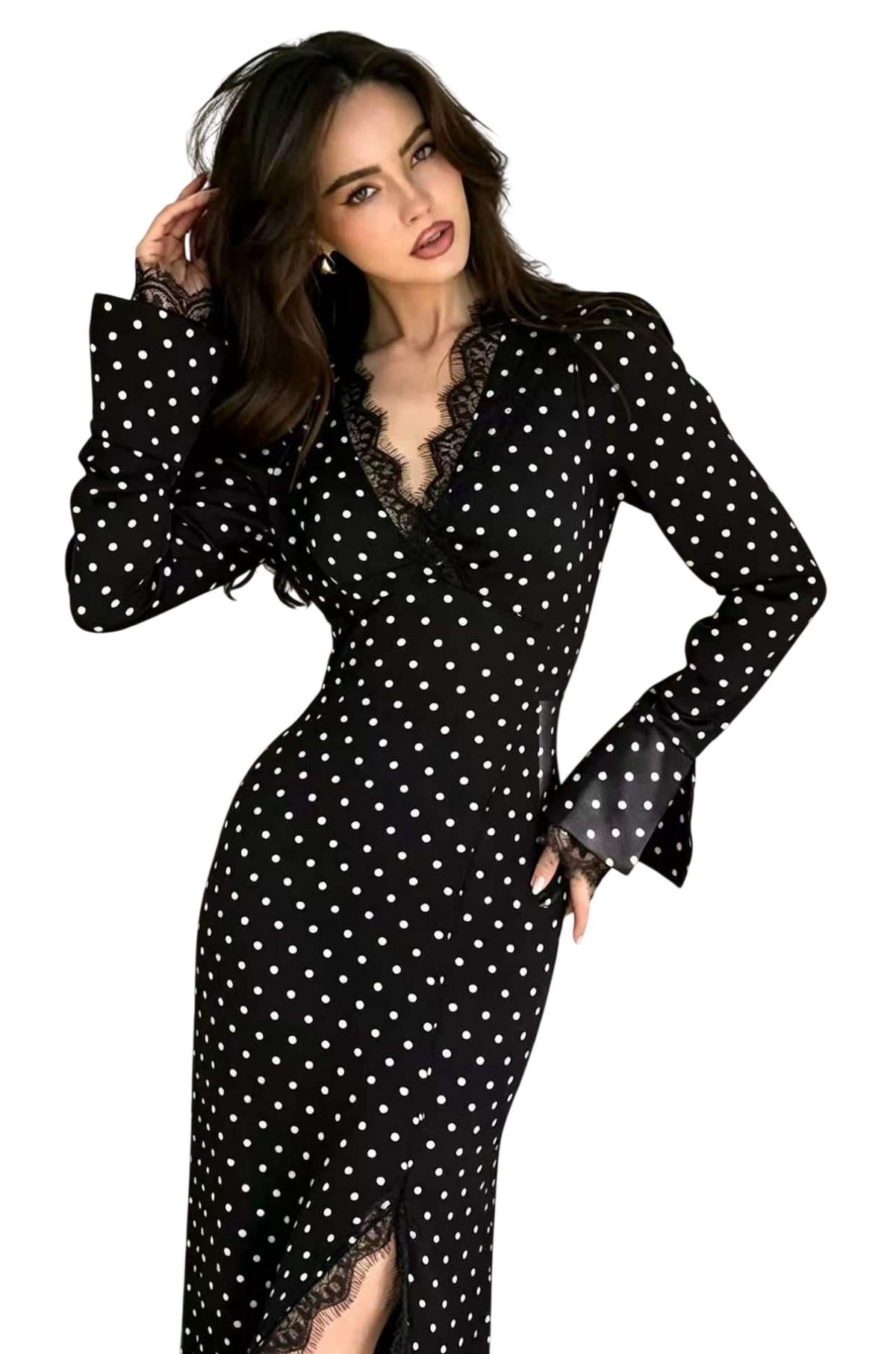 Women’s Polka Dot Lace Trim Wrap Midi Dress