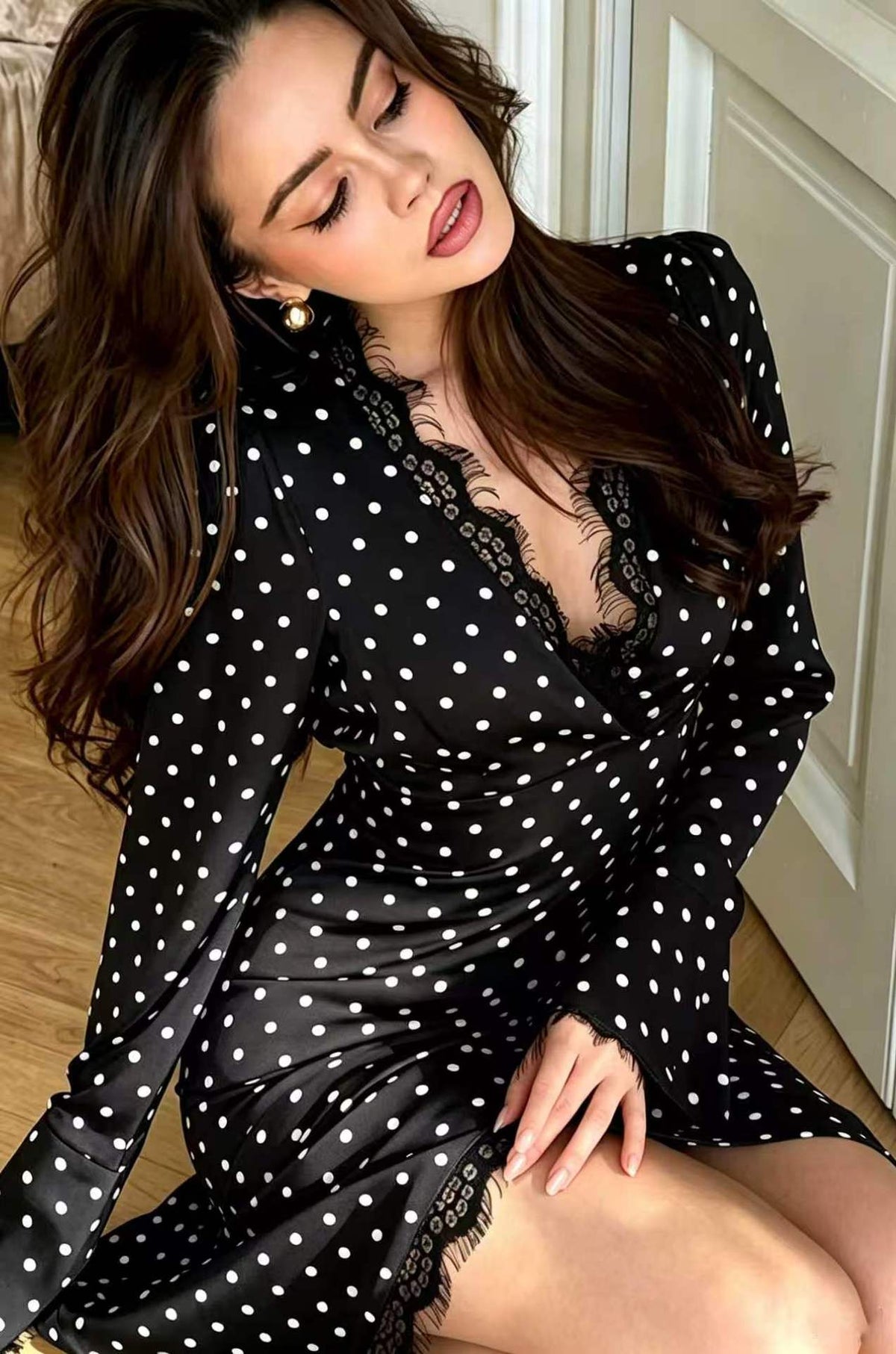 Women’s Polka Dot Lace Trim Wrap Midi Dress