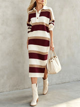 Women’s Striped Collared Knit Midi Dress