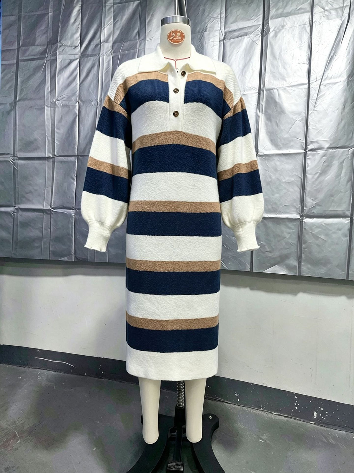 Women’s Striped Collared Knit Midi Dress