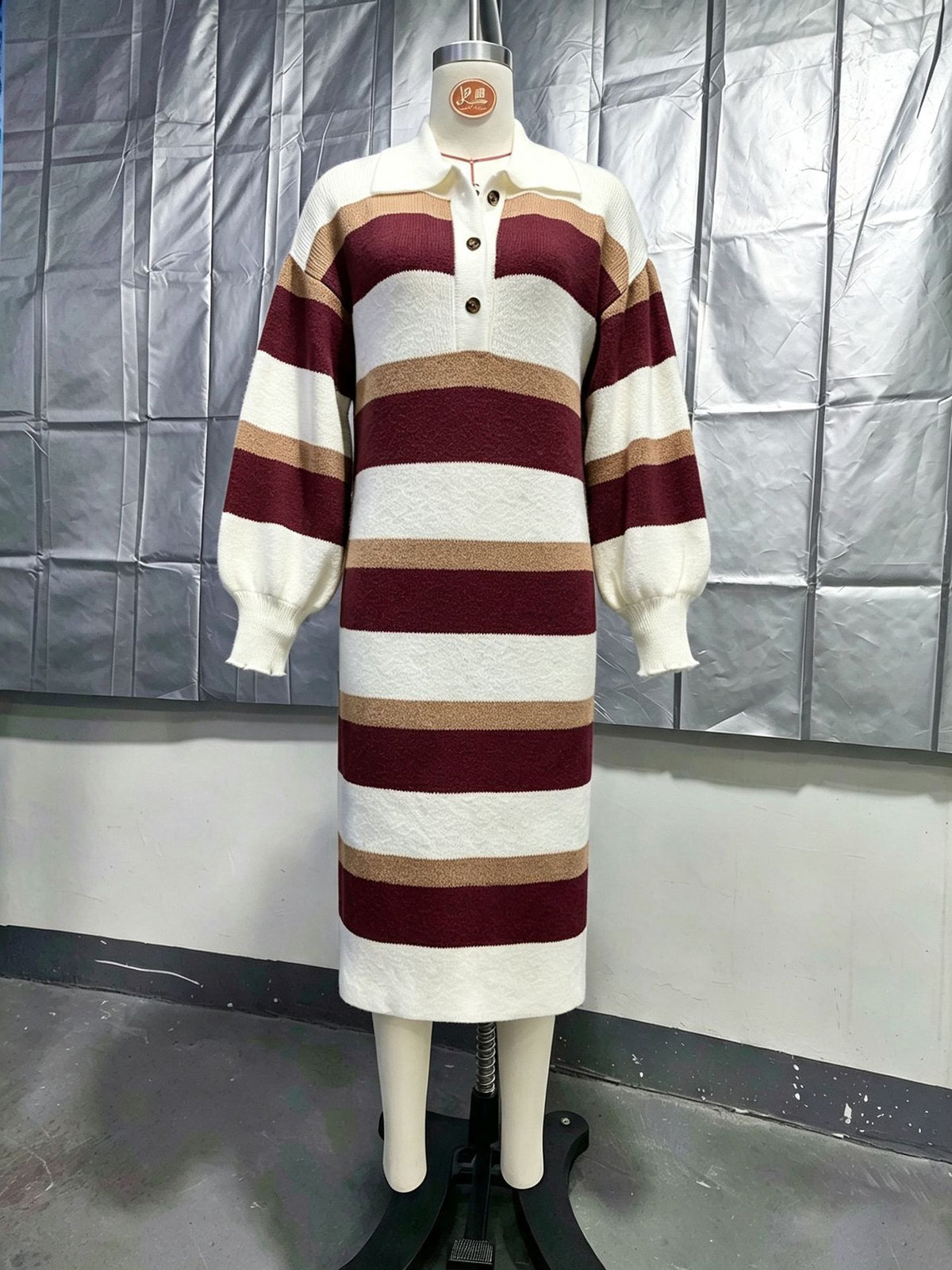 Women’s Striped Collared Knit Midi Dress