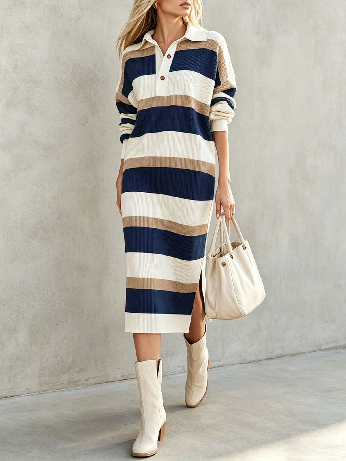 Women’s Striped Collared Knit Midi Dress