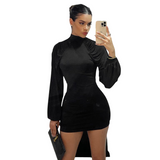 Women’s Ruched High Neck Balloon Sleeve Mini Dress