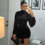 Women’s Ruched High Neck Balloon Sleeve Mini Dress
