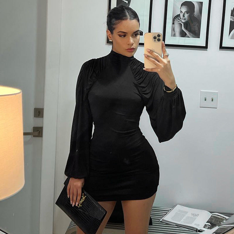 Women’s Ruched High Neck Balloon Sleeve Mini Dress