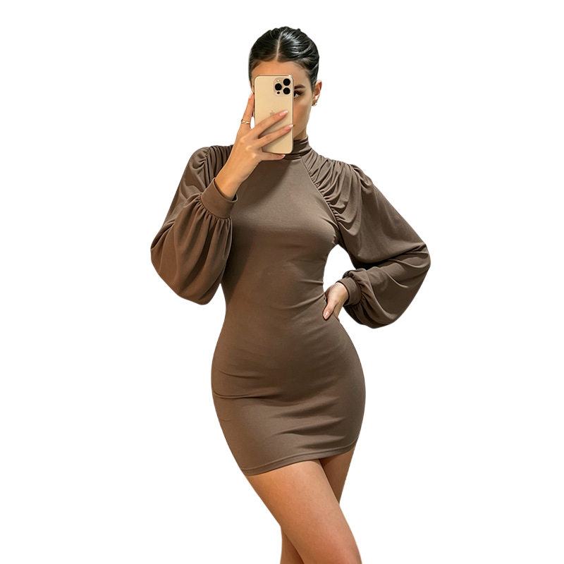 Women’s Ruched High Neck Balloon Sleeve Mini Dress