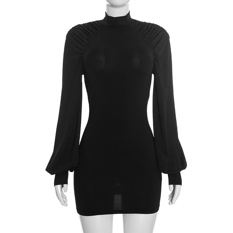 Women’s Ruched High Neck Balloon Sleeve Mini Dress