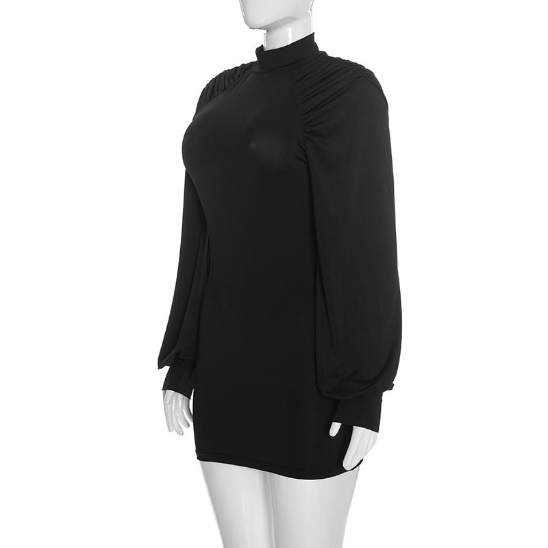 Women’s Ruched High Neck Balloon Sleeve Mini Dress