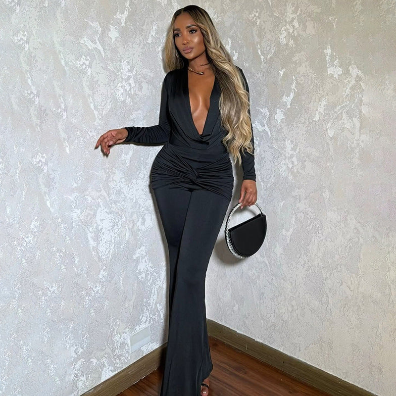 Women’s Ruched Cowl Neck Flared Jumpsuit