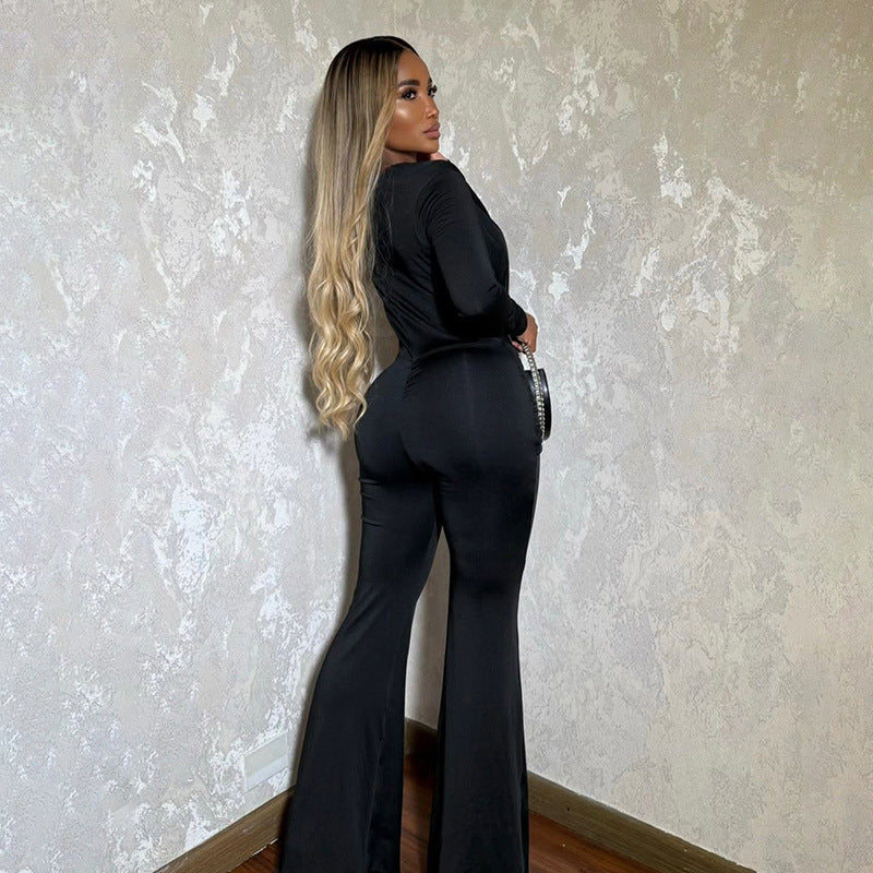 Women’s Ruched Cowl Neck Flared Jumpsuit
