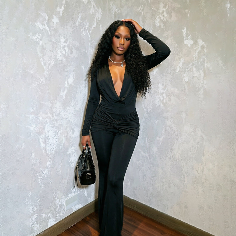 Women’s Ruched Cowl Neck Flared Jumpsuit