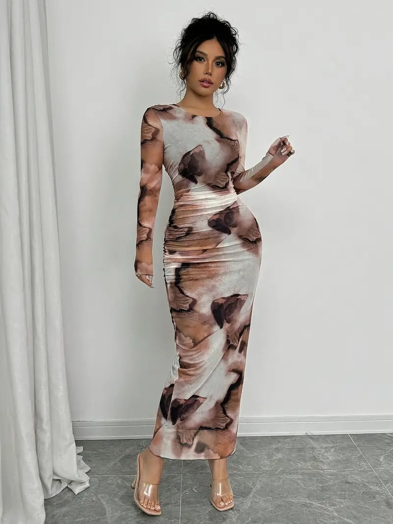 Women’s Abstract Print Ruched Midi Dress