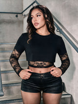 Women’s Lace Panel Short Sleeve Crop Top