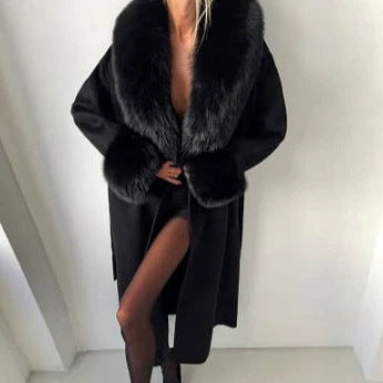 Women’s Faux Fur Collar Belted Wrap Jacket