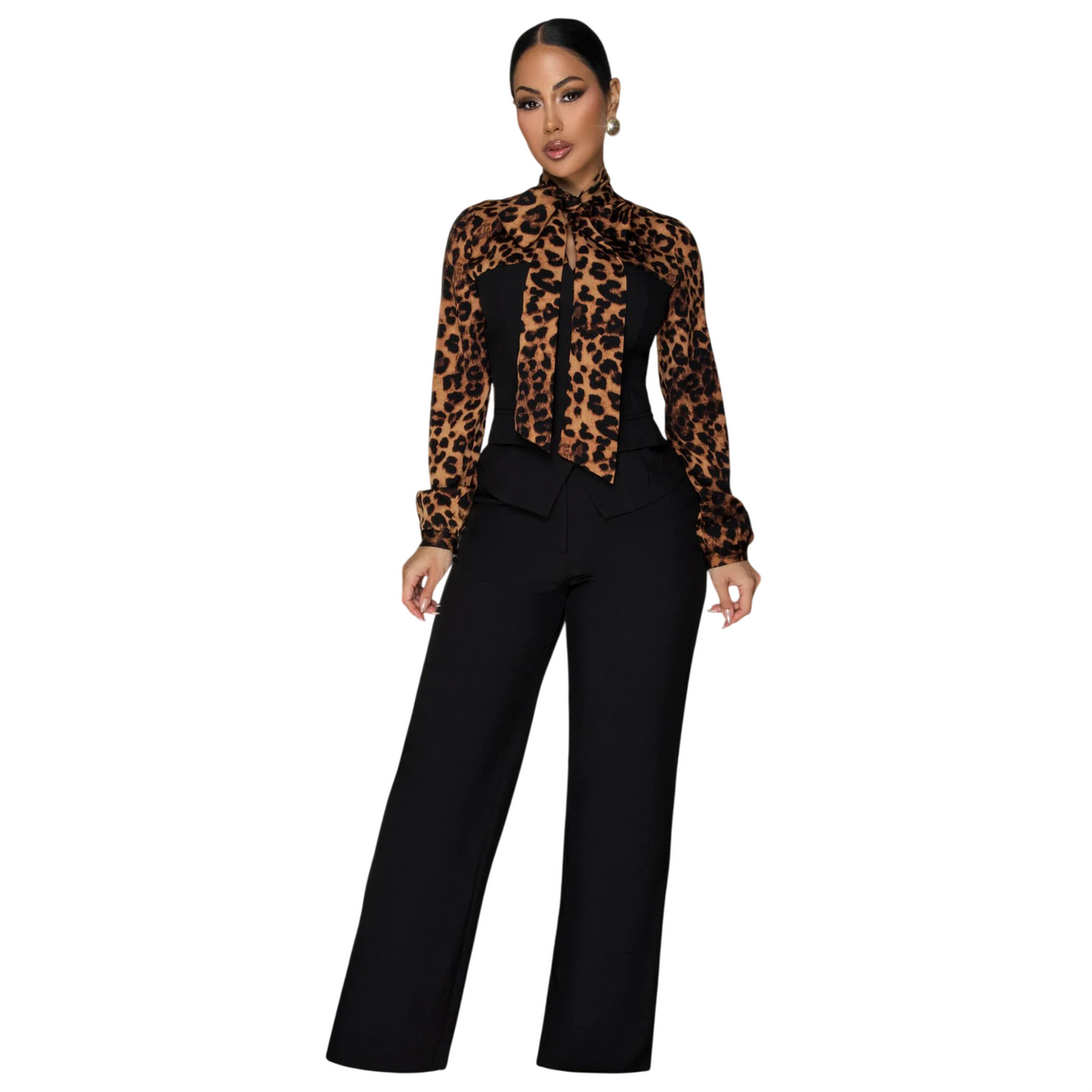 Women’s Leopard Print Tie Neck Pants Set