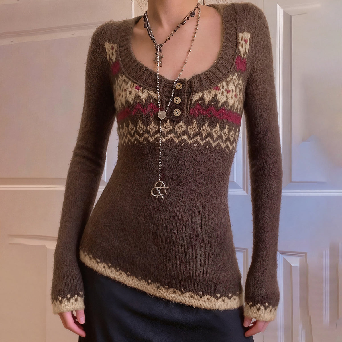Women’s Patterned Knit Button Front Top