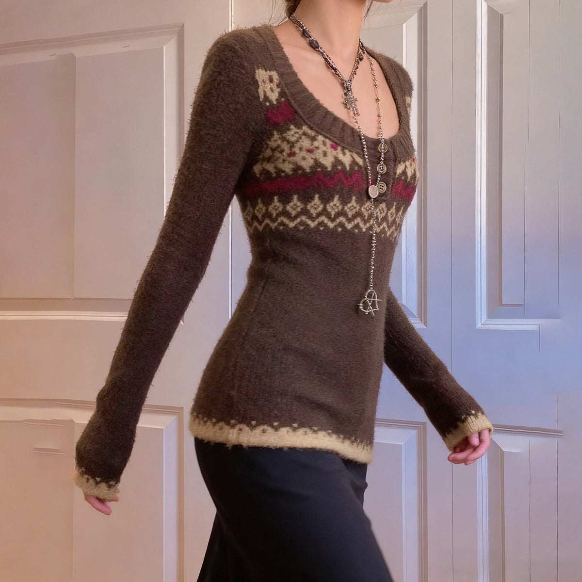 Women’s Patterned Knit Button Front Top