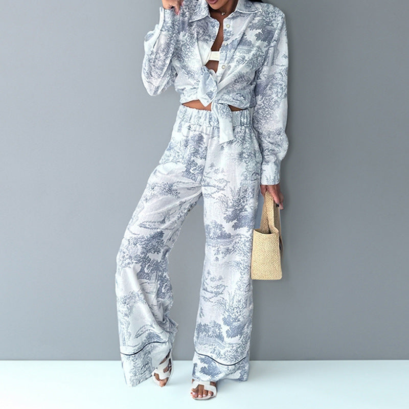 Women’s Printed Shirt & Wide Leg Pants Set