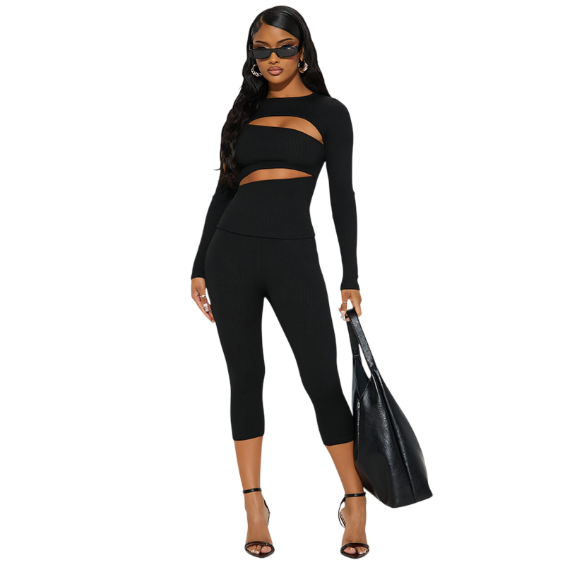 Women’s Cutout Long Sleeve Capri Pants Set