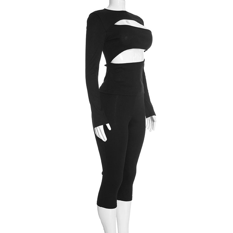 Women’s Cutout Long Sleeve Capri Pants Set