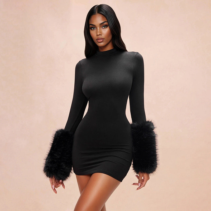 Women’s High Neck Faux Fur Cuff Mini Dress