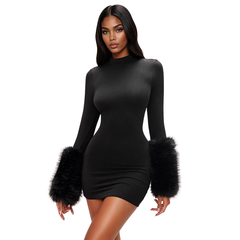 Women’s High Neck Faux Fur Cuff Mini Dress