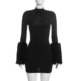 Women’s High Neck Faux Fur Cuff Mini Dress