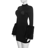 Women’s High Neck Faux Fur Cuff Mini Dress