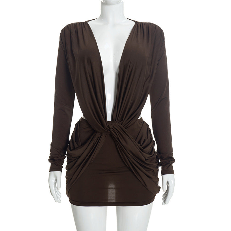 Women’s Draped Ruched Deep V Mini Dress