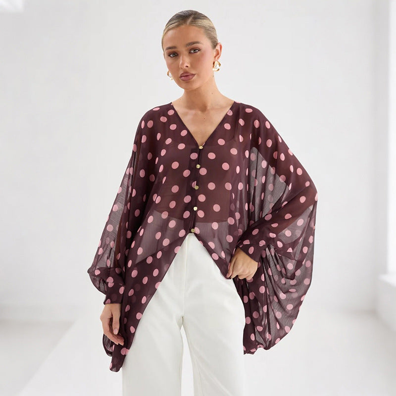 Women’s Polka Dot Batwing Button Front Top
