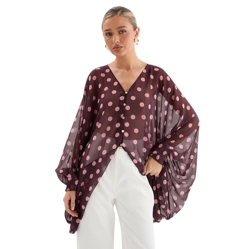 Women’s Polka Dot Batwing Button Front Top