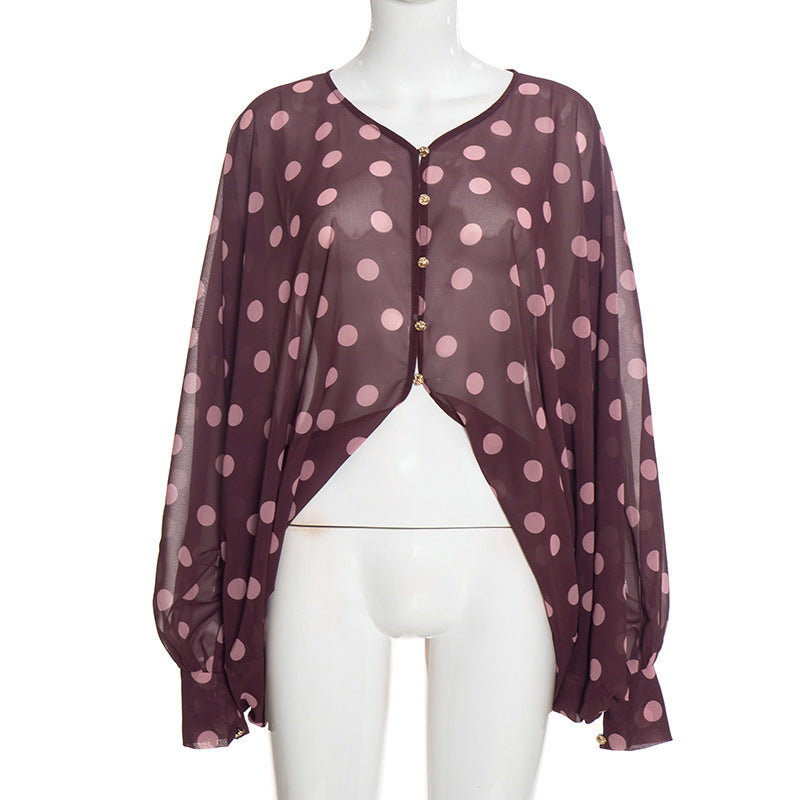 Women’s Polka Dot Batwing Button Front Top