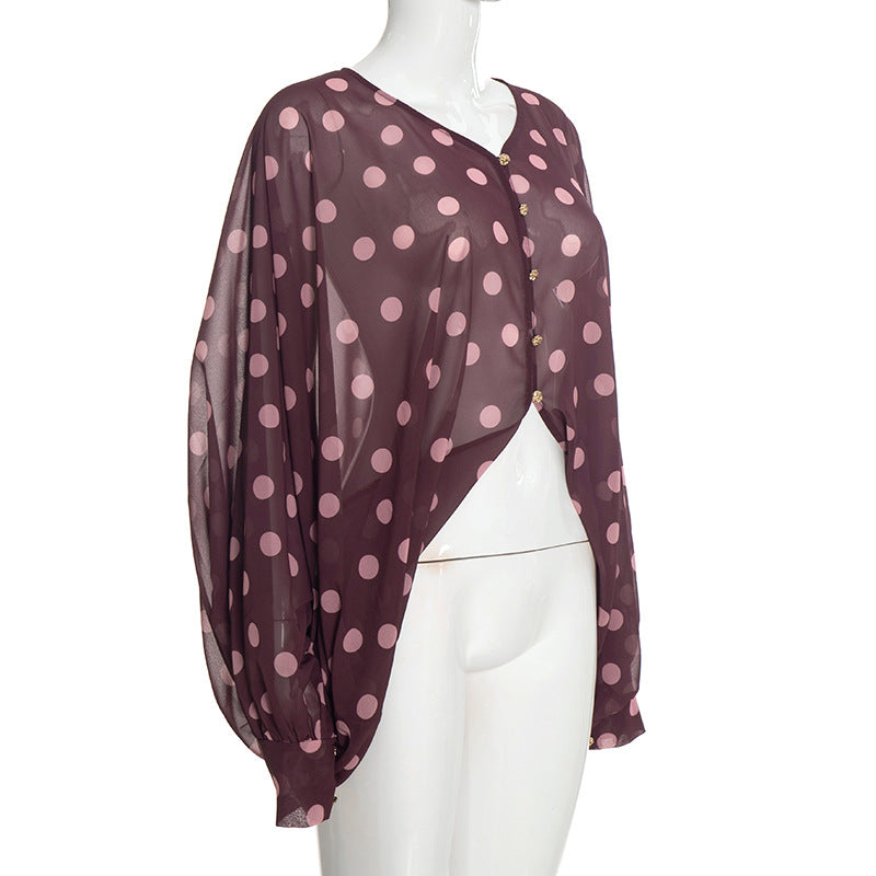 Women’s Polka Dot Batwing Button Front Top